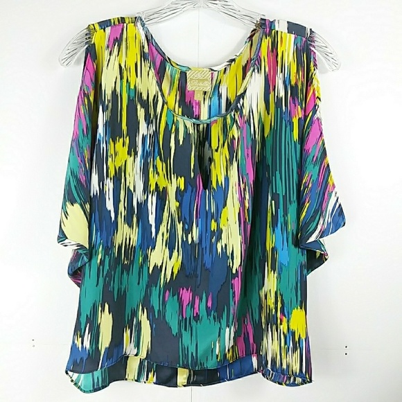 Anthropologie Postella 100% Silk Postella Multicolored Cold Shoulder Top S - Picture 3 of 7